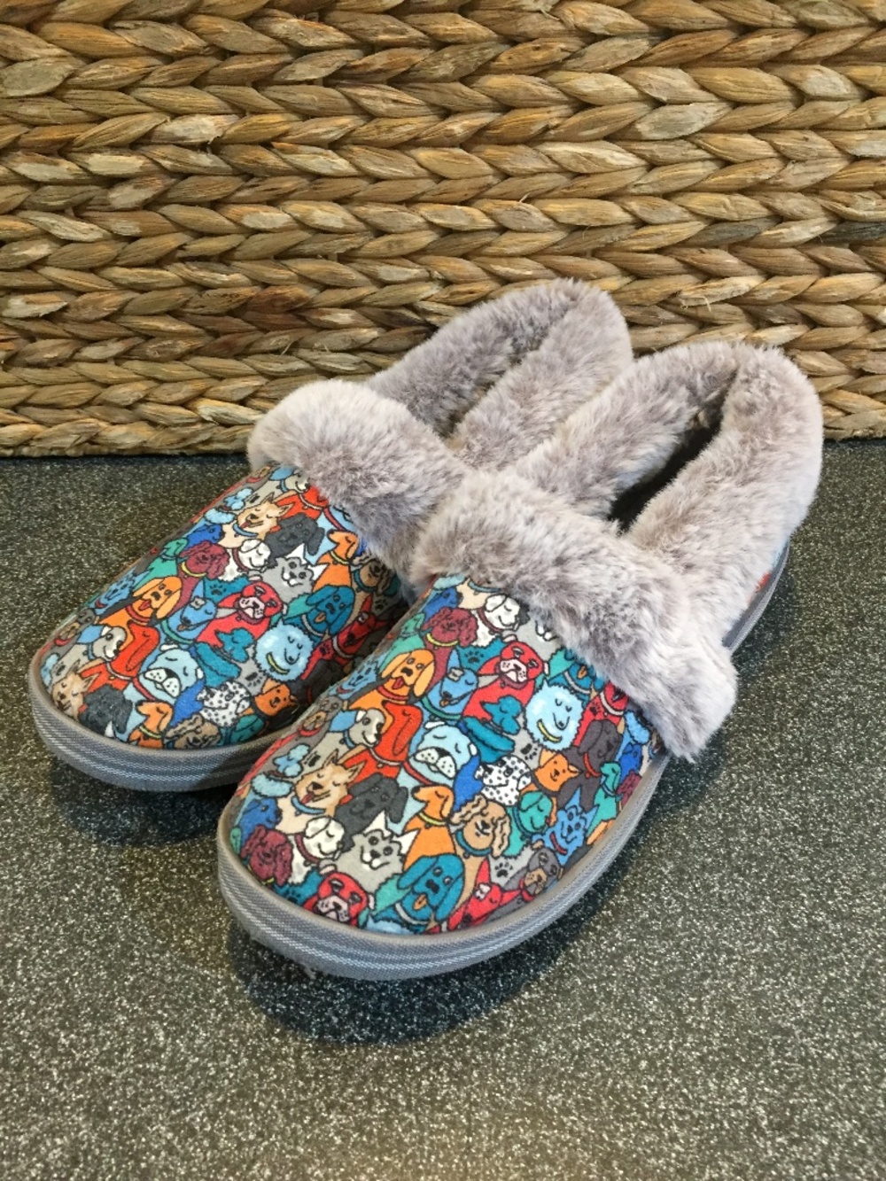 BOBS from Skechers Plush Lined Dog Print Slip-On Slippers in Blue and Gray